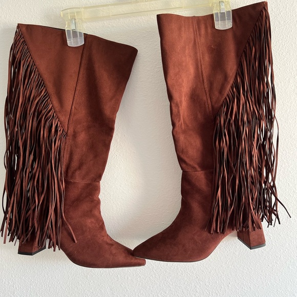 Extra wide calf. Fashion to Figure Fringe Suede Heeled Boots - Brown - Picture 1 of 5